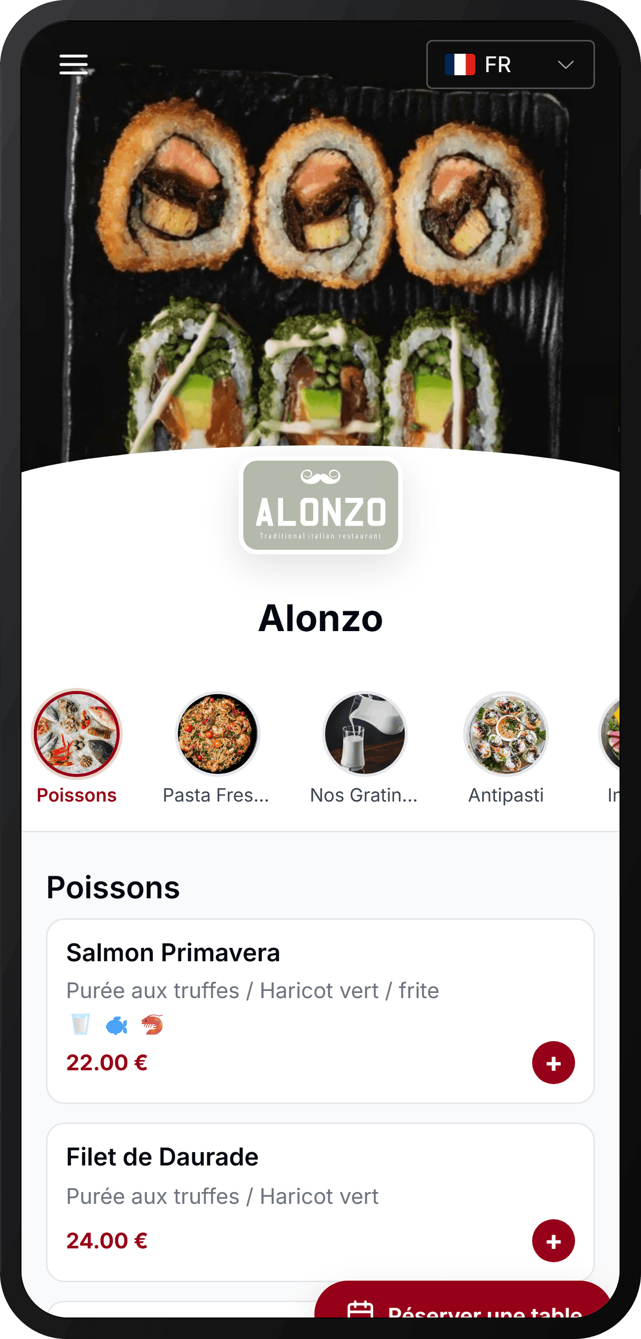 Aperçu du menu digital Taste'nPic sur iPhone