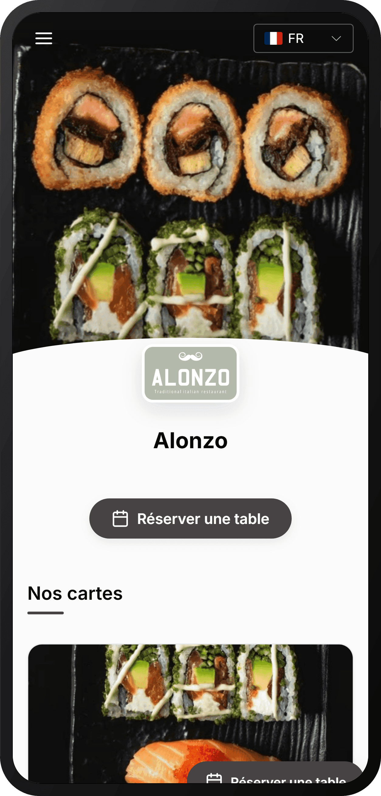 Aperçu du menu digital Taste'nPic sur iPhone