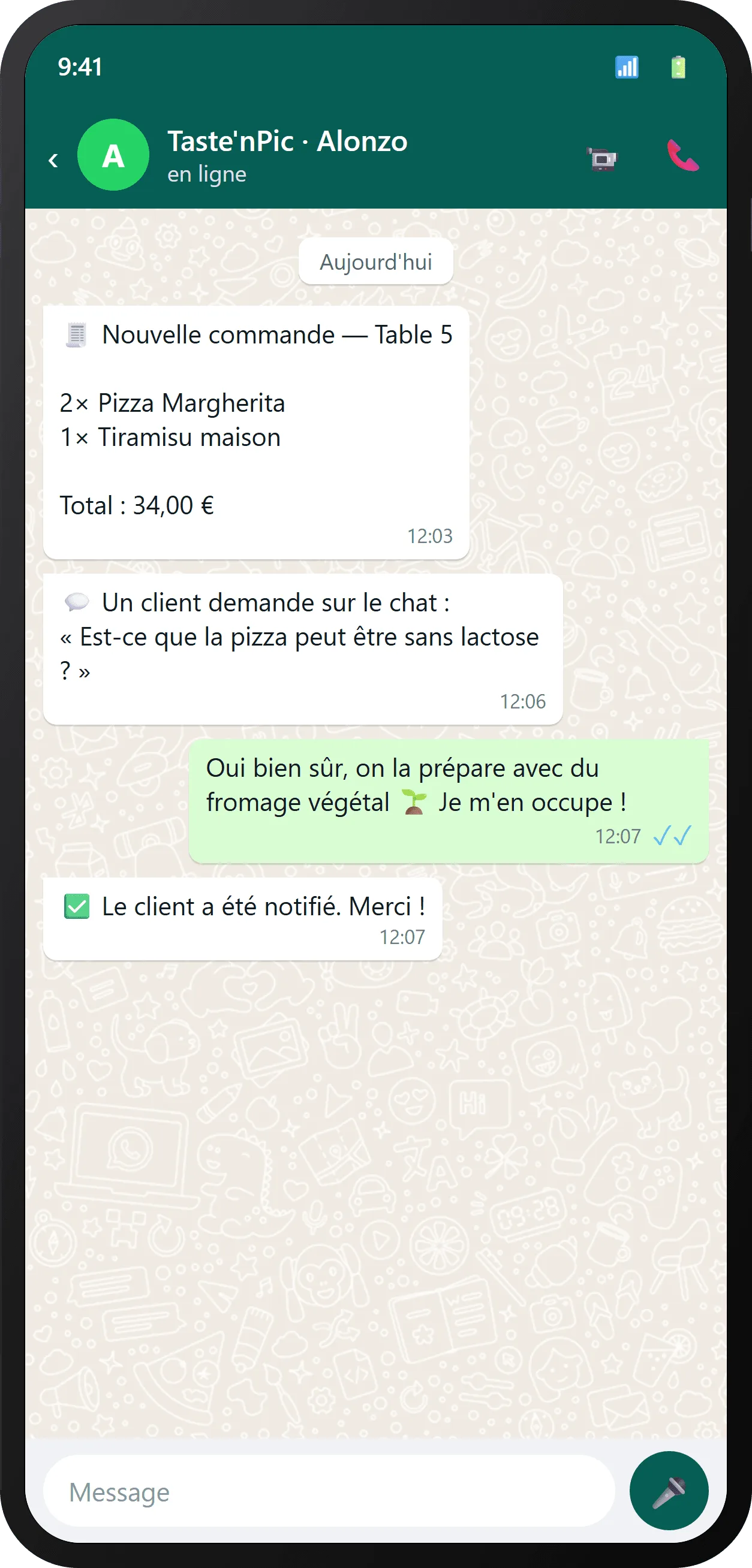 Vos commandes et conversations, directement sur WhatsApp